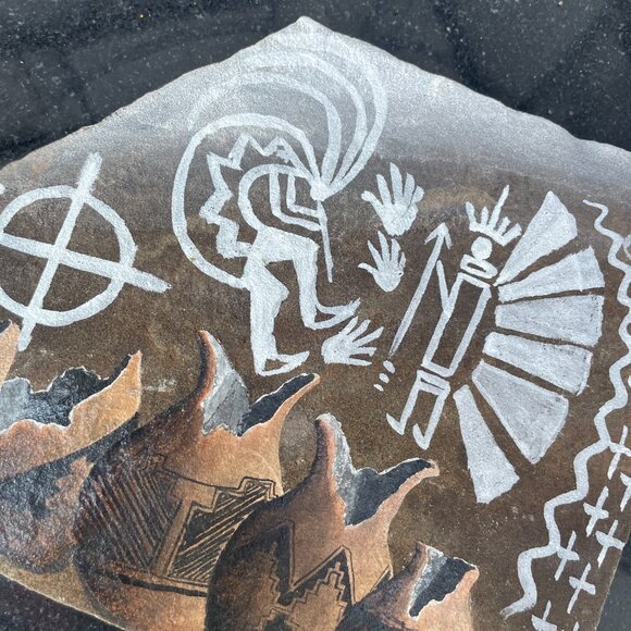 Vtg Navajo Slate Hieroglyphics Signed Kokopelli Pottery Hand Painted Legend - Picture 3 of 5